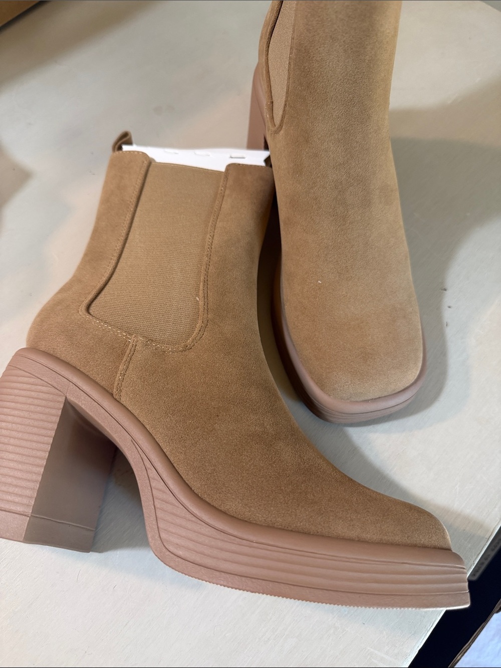 Shoe Dazzle Tan Suede Platform Chelsea Ankle Boots